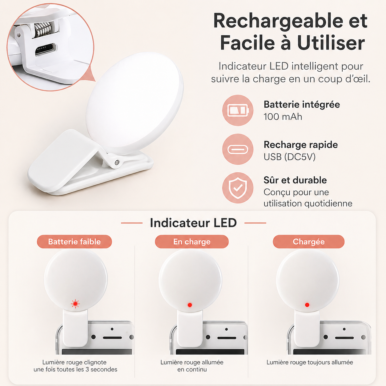 Mini Lampe LED Selfie Rechargeable – Éclairage Parfait en Toute Situation